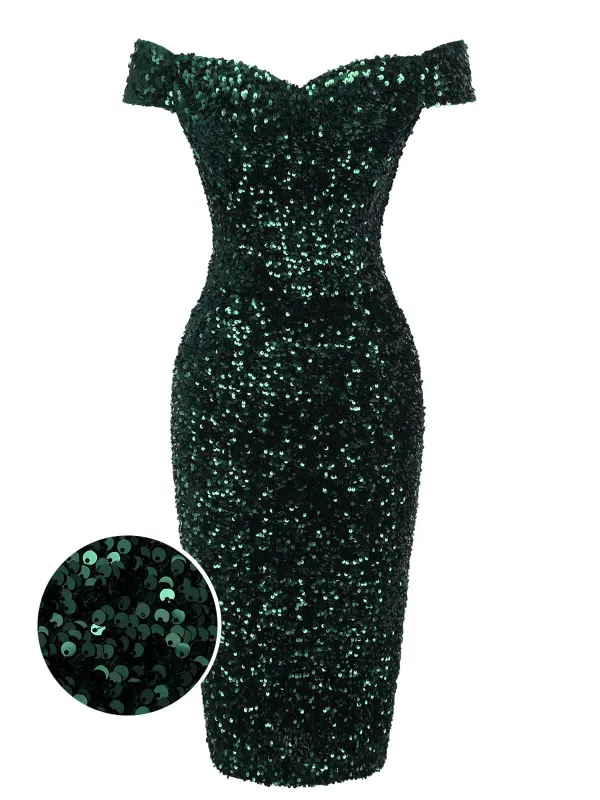 Green 1960s Sequins Off-Shoulder Pencil Dress sold by Retro Stage