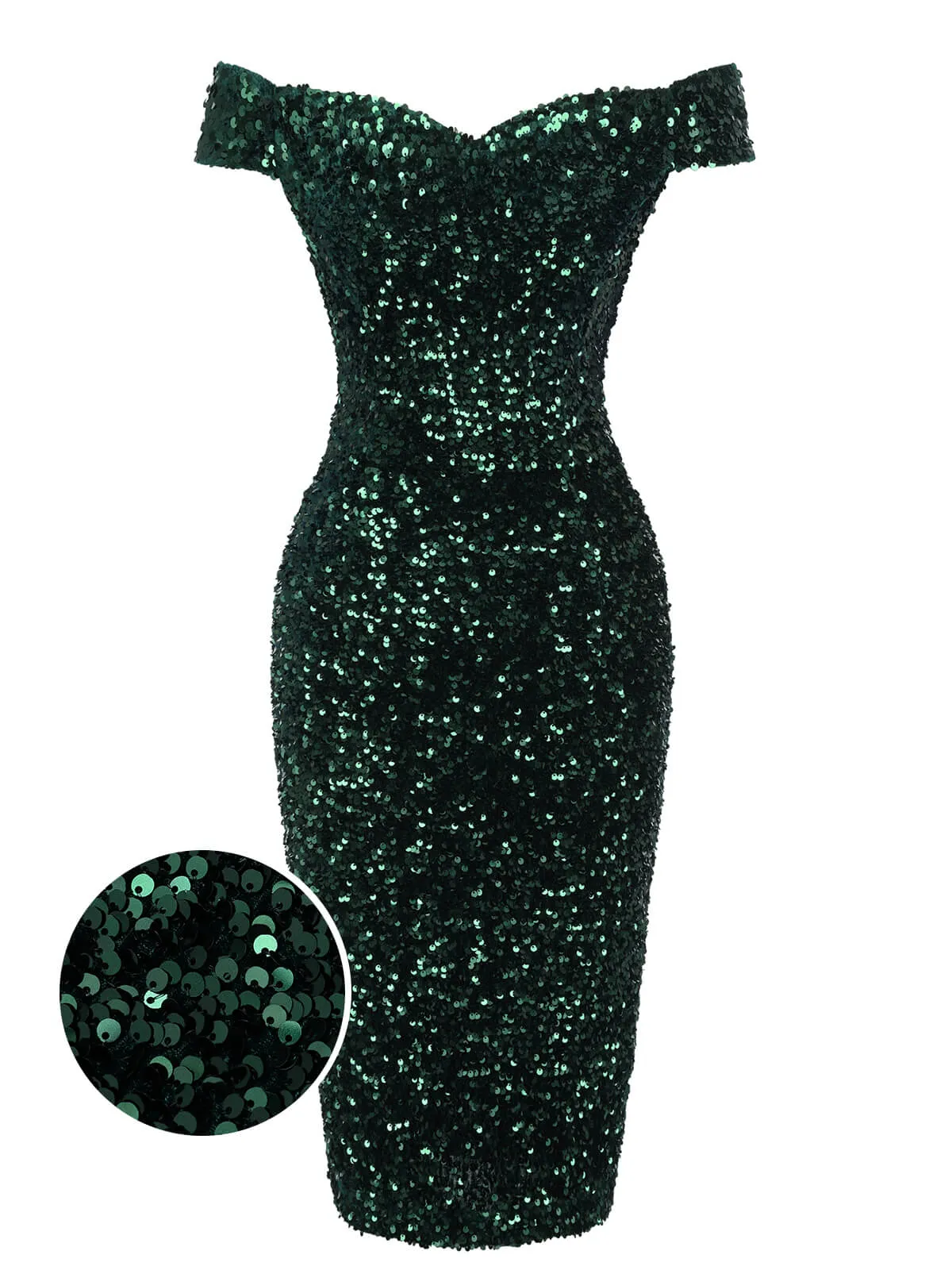Green 1960s Sequins Off-Shoulder Pencil Dress sold by Retro Stage
