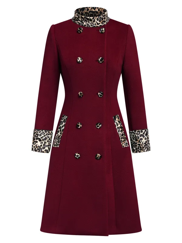 Wine Red 1940s Leopard Patchwork Button Coat sold by Retro Stage