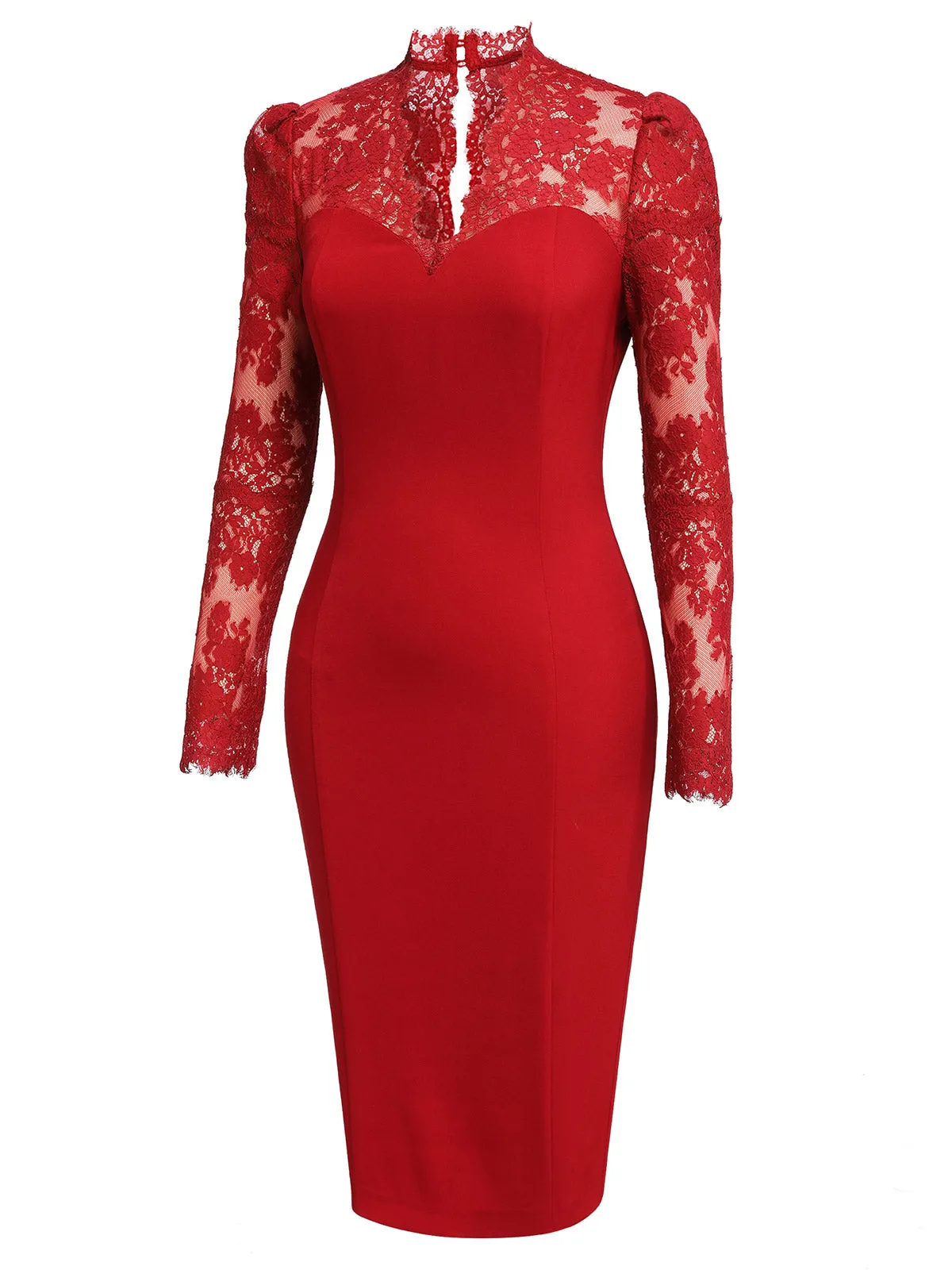 Red 1960s Lace Long Sleeves Patchwork Dress sold by Retro Stage product image thumbnail 4