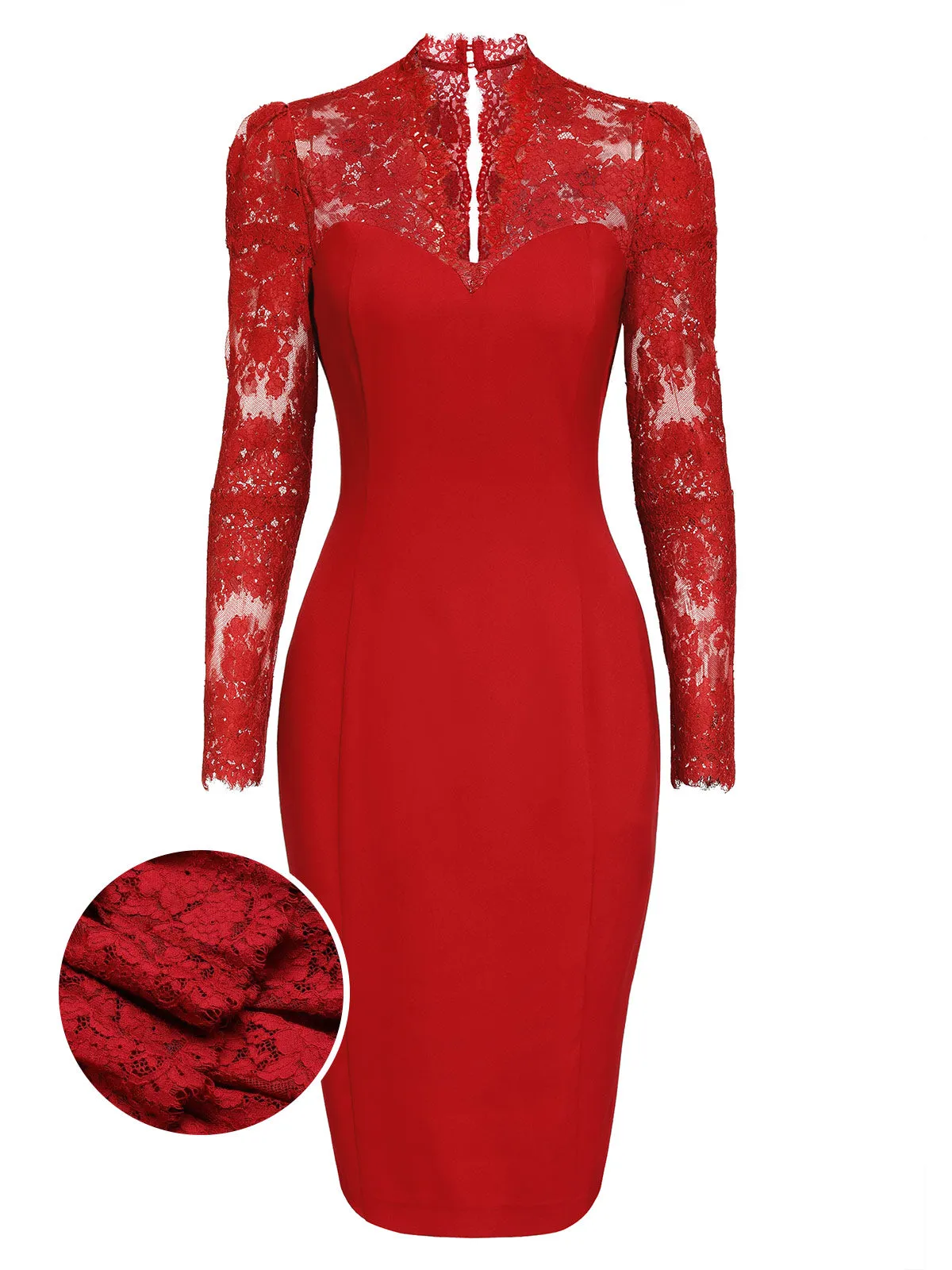 Red 1960s Lace Long Sleeves Patchwork Dress sold by Retro Stage product image thumbnail 2