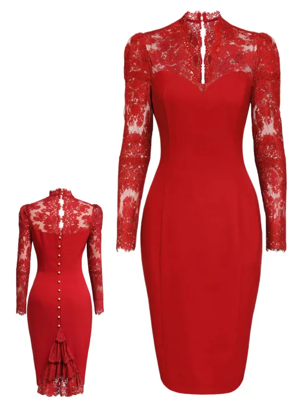 Red 1960s Lace Long Sleeves Patchwork Dress sold by Retro Stage