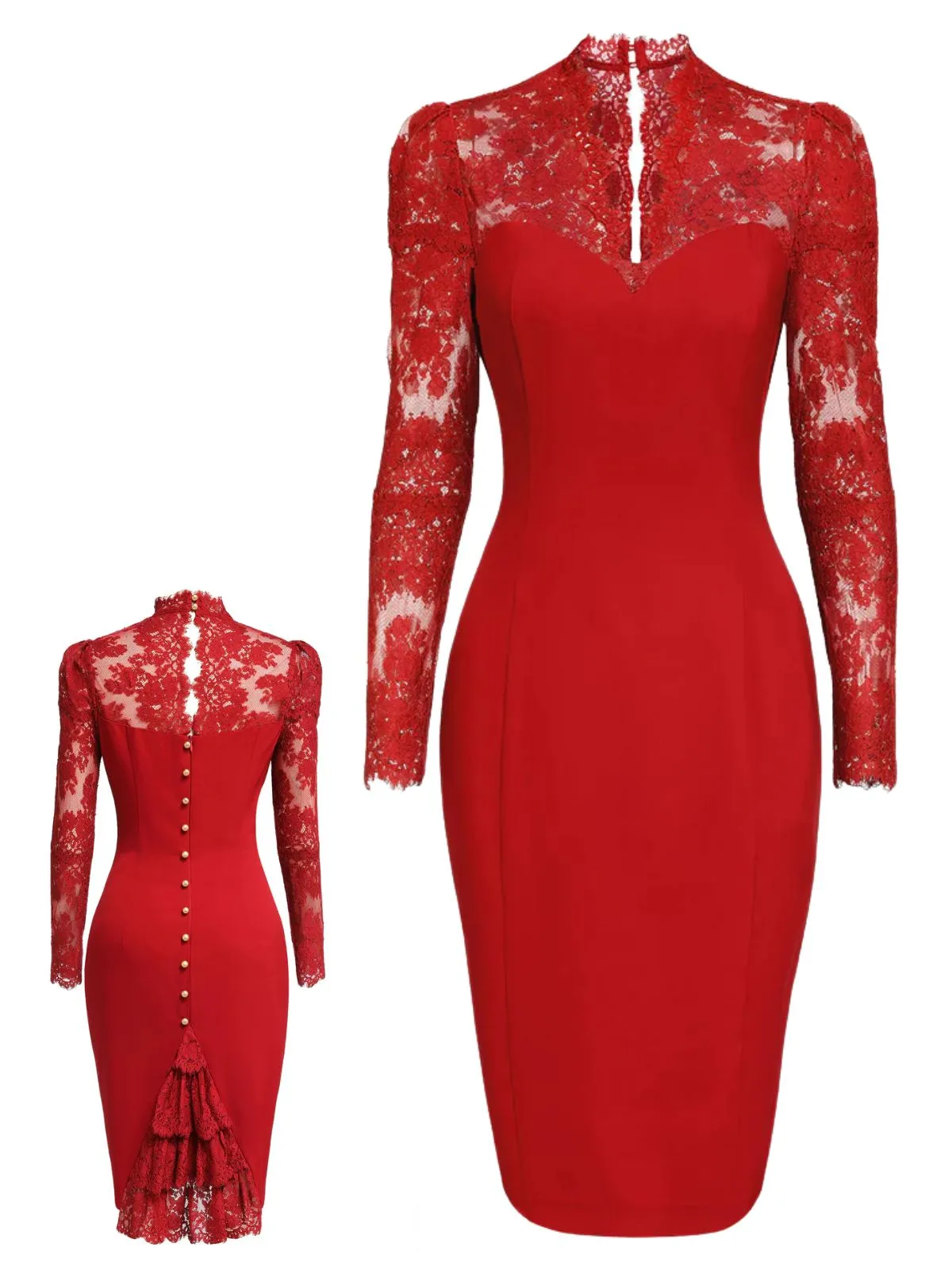 Red 1960s Lace Long Sleeves Patchwork Dress sold by Retro Stage