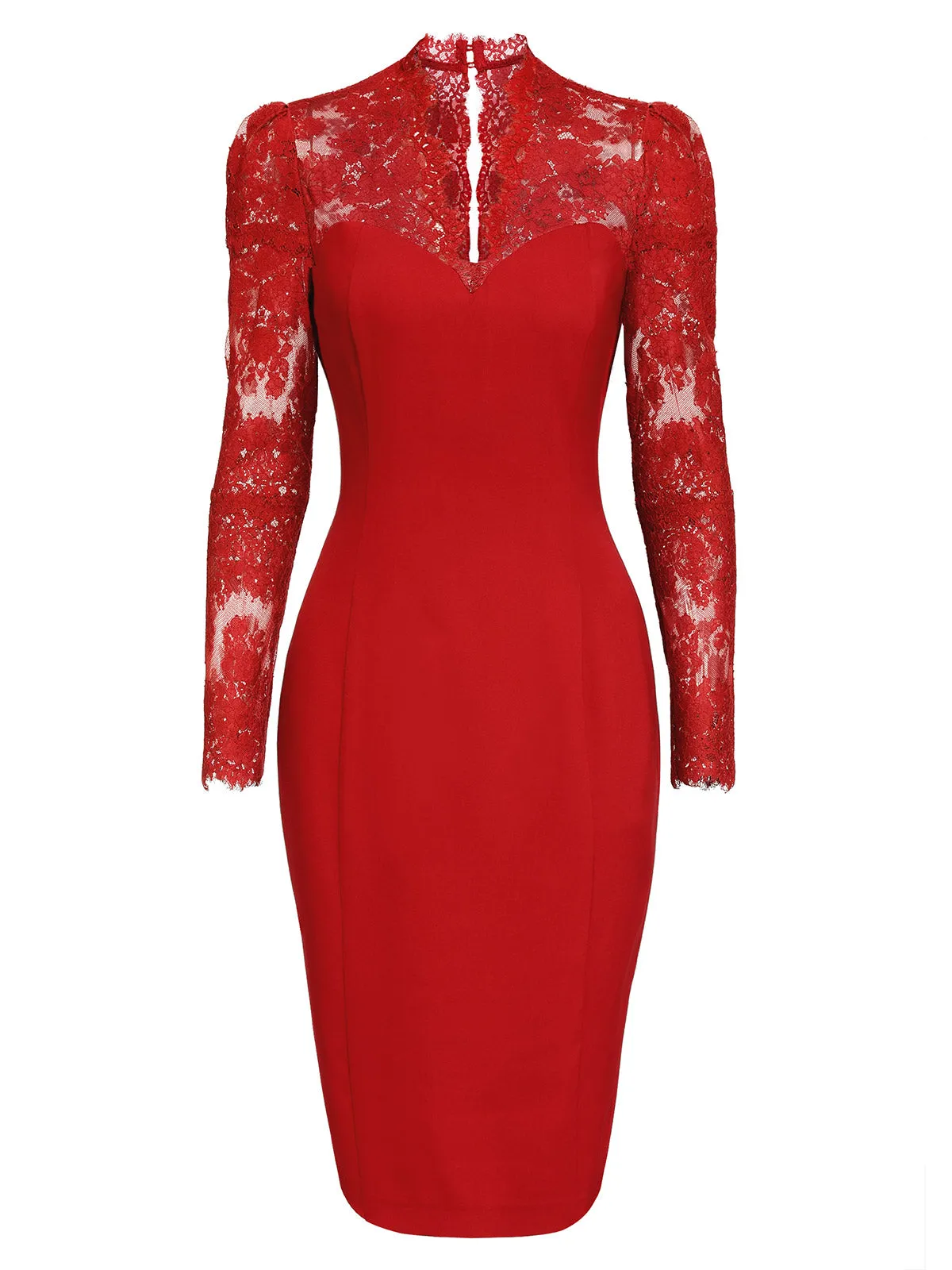 Red 1960s Lace Long Sleeves Patchwork Dress sold by Retro Stage product image thumbnail 3
