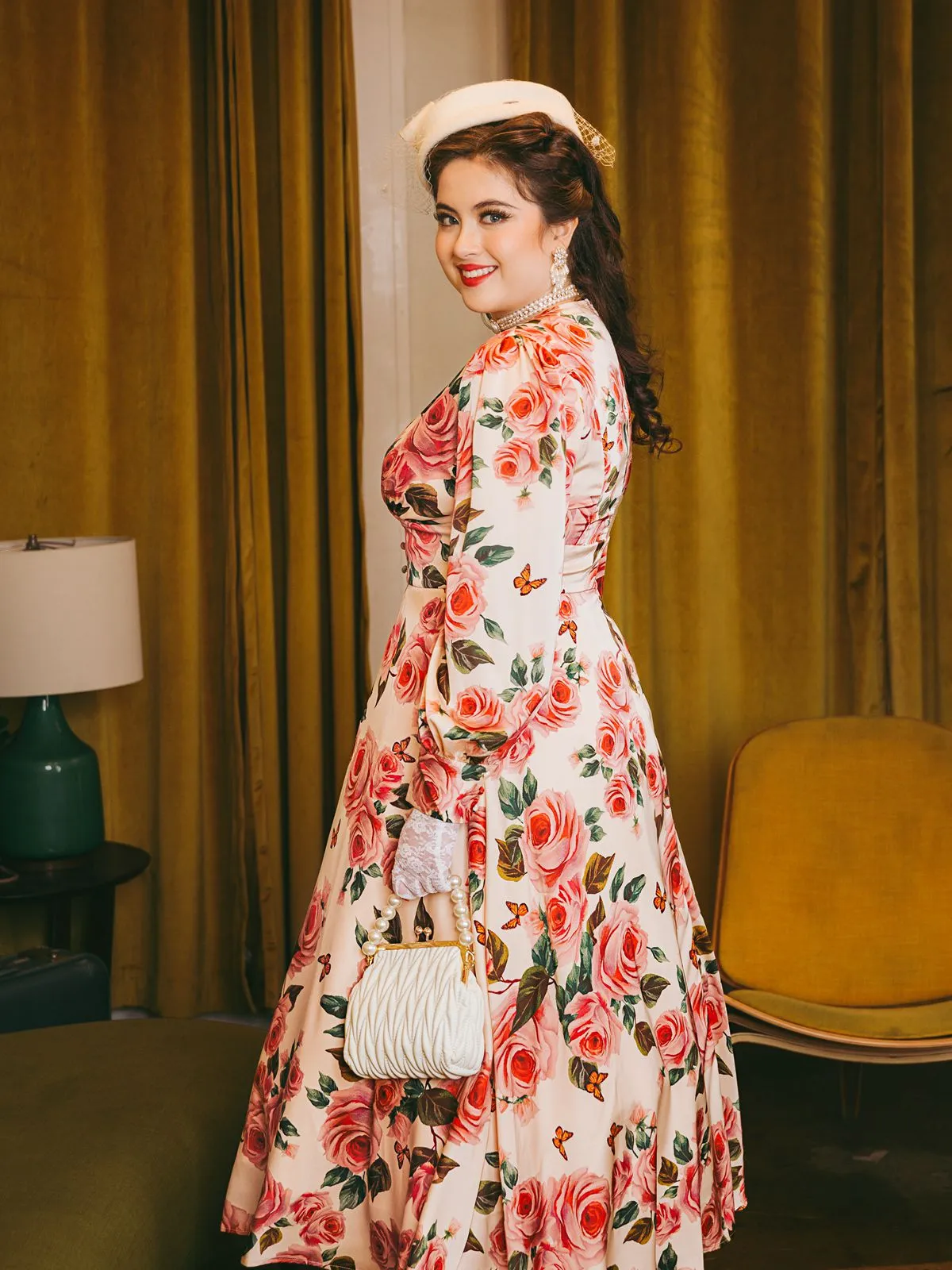 1940s Rose V-Neck Long Sleeves Dress sold by Retro Stage product image thumbnail 3