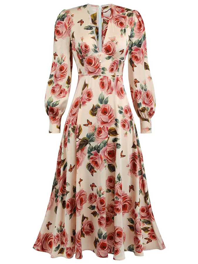 1940s Rose V-Neck Long Sleeves Dress sold by Retro Stage product image thumbnail 5