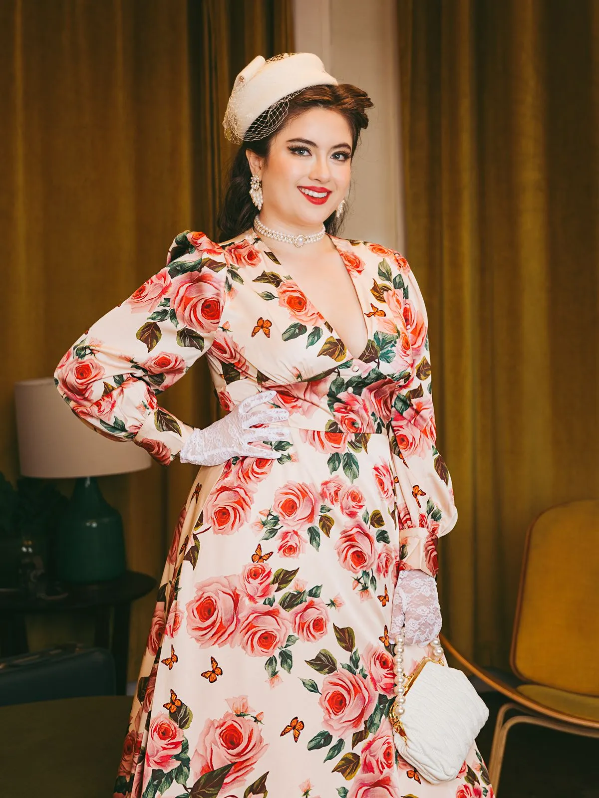 1940s Rose V-Neck Long Sleeves Dress sold by Retro Stage product image thumbnail 2