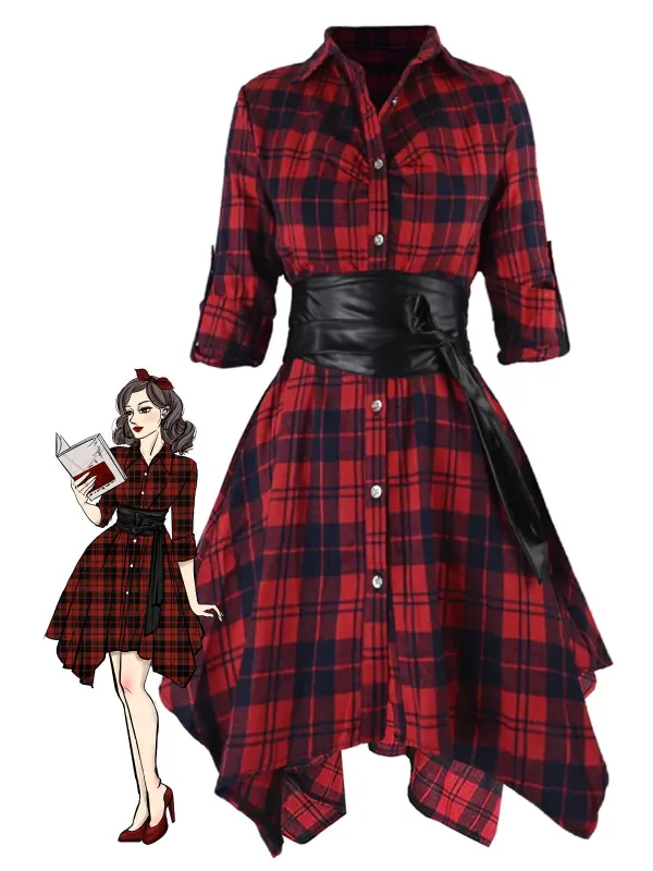 1950s 3/4 Sleeve Plaid Belt Dress sold by Retro Stage