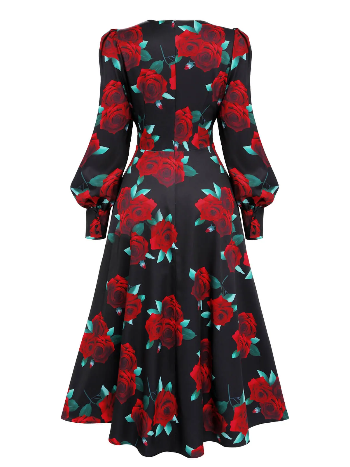 Black 1940s Rose Lantern Sleeve Lace-Up Dress sold by Retro Stage product image thumbnail 4