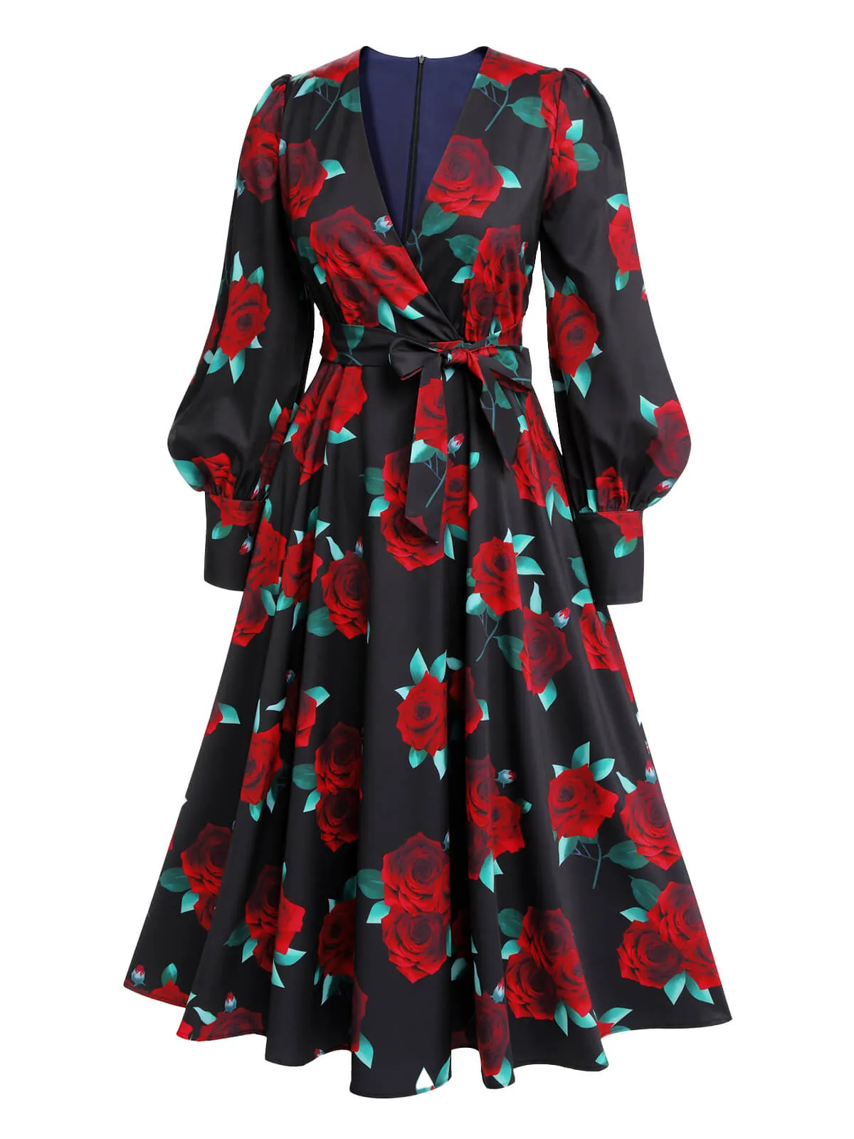 Black 1940s Rose Lantern Sleeve Lace-Up Dress sold by Retro Stage product image thumbnail 3