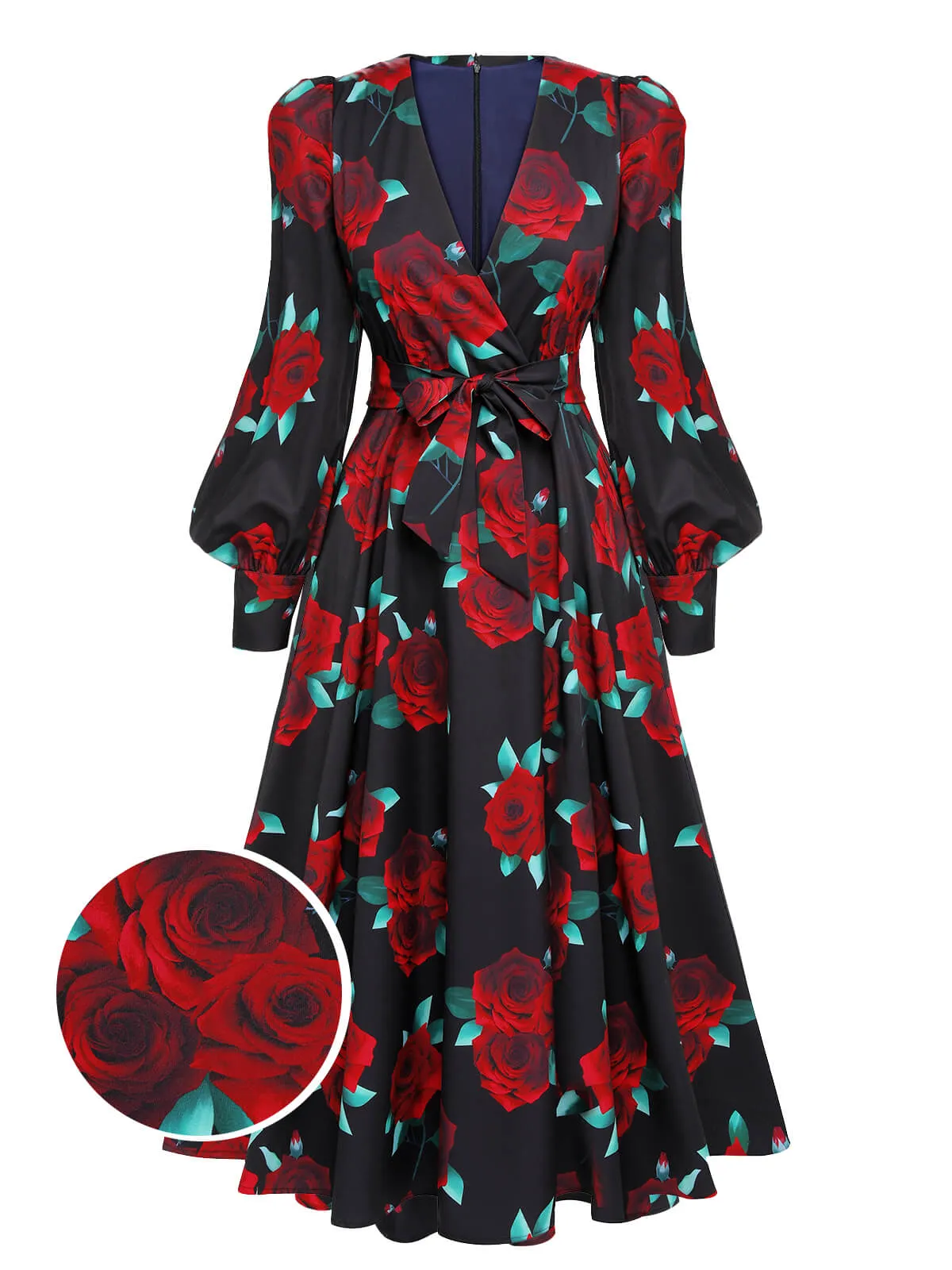Black 1940s Rose Lantern Sleeve Lace-Up Dress sold by Retro Stage