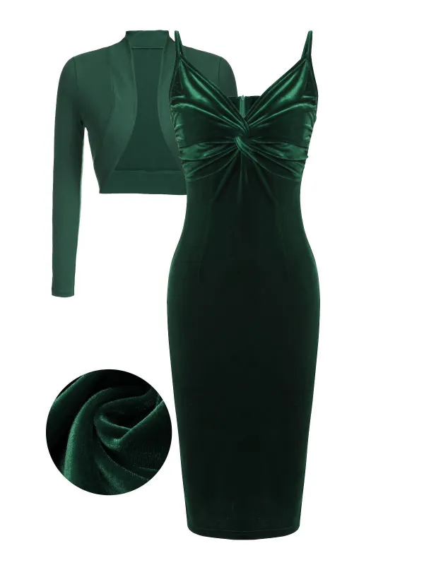 2PCS Green 1960s Velvet Bodycon Dress sold by Retro Stage