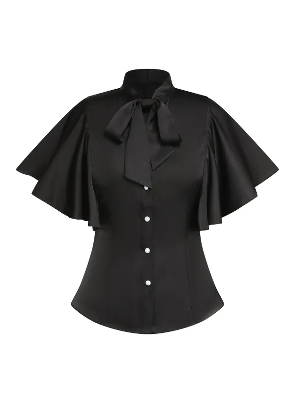 Black 1950s Solid Ruffled-Sleeve Blouse sold by Retro Stage