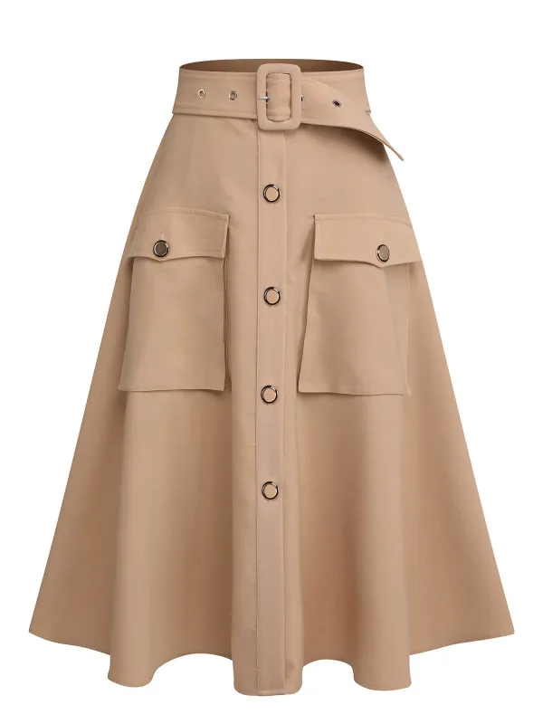 Khaki 1950s Big Pockets Button Skirt sold by Retro Stage