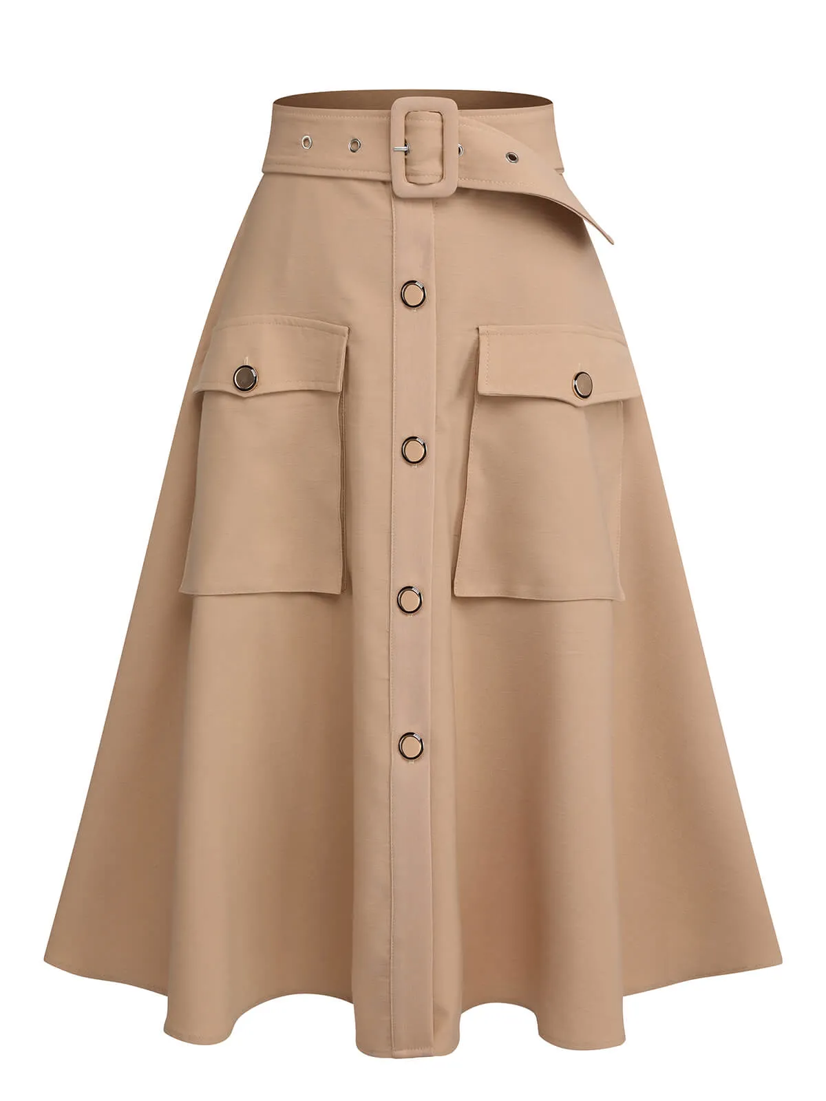 Khaki 1950s Big Pockets Button Skirt sold by Retro Stage