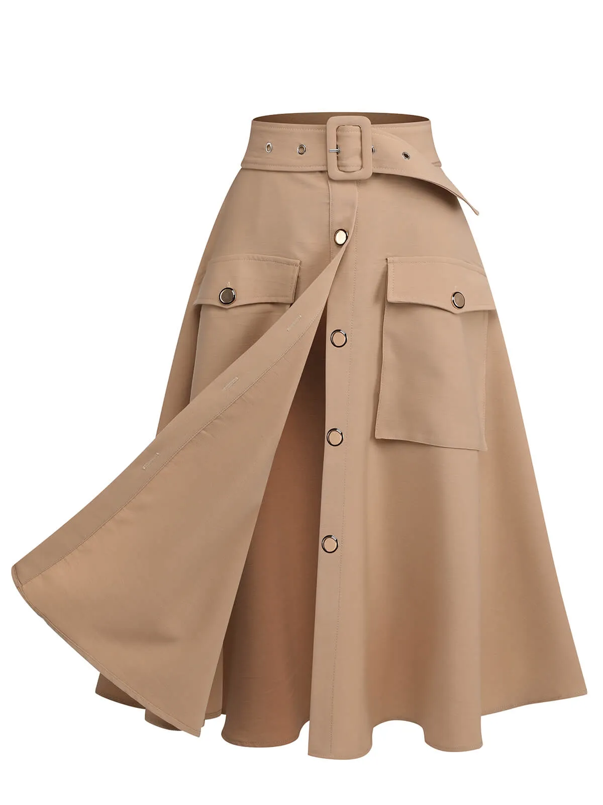 Khaki 1950s Big Pockets Button Skirt sold by Retro Stage product image thumbnail 2