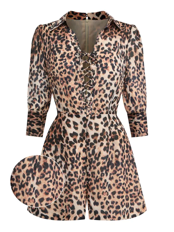 Leopard 1950s Lapel Lace-Up Vintage Romper sold by Retro Stage