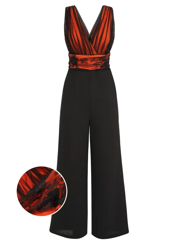 Orange 1930s Butterfly V-Neck Patchwork Jumpsuit sold by Retro Stage