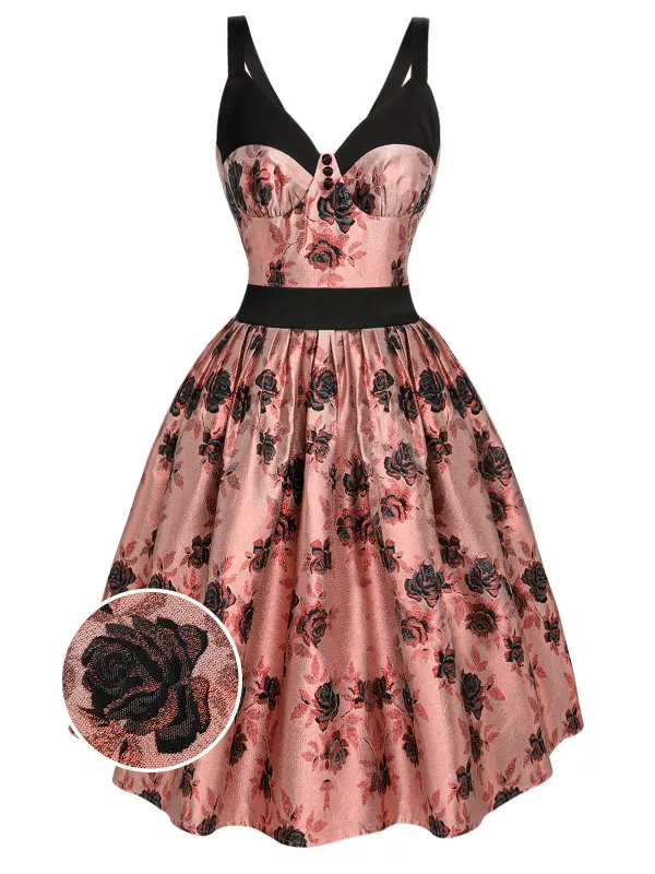 1950s Roses Embossed Satin Swing Dress sold by Retro Stage
