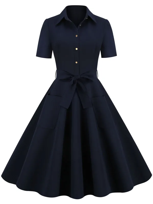 Navy Blue 1950s Solid Belt Swing Dress made by Retro Stage