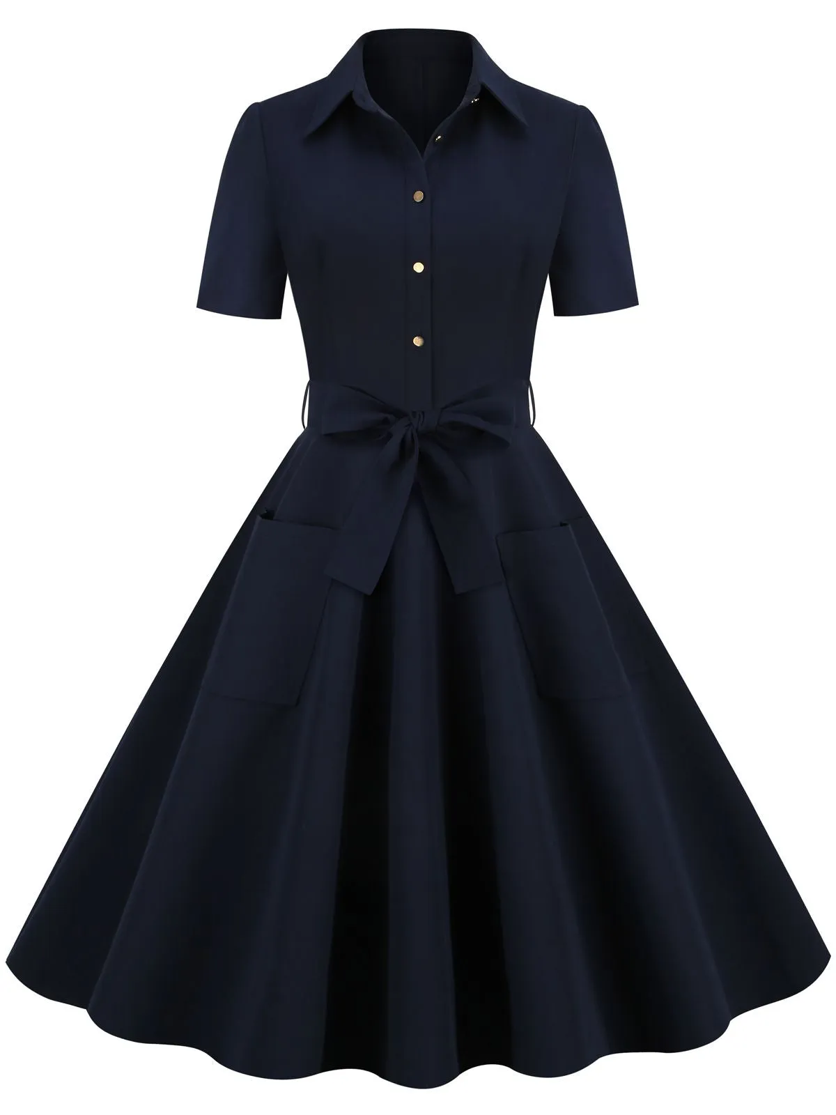 Navy Blue 1950s Solid Belt Swing Dress sold by Retro Stage