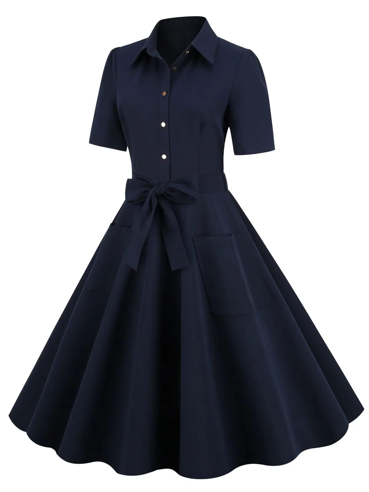 Navy Blue 1950s Solid Belt Swing Dress sold by Retro Stage product image thumbnail 2