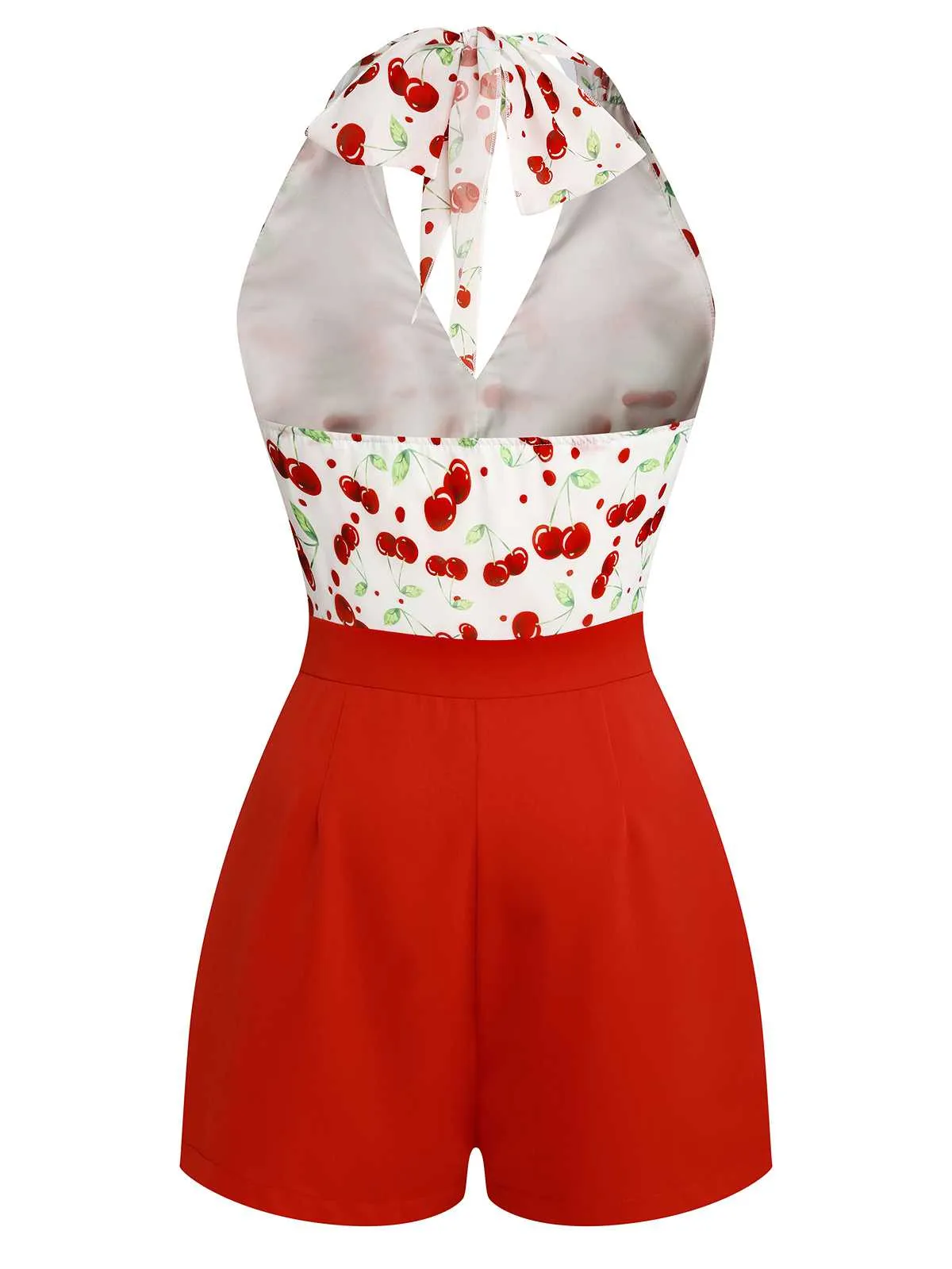 Red 1950s Cherry V-Neck Halter Lace-Up Romper sold by Retro Stage product image thumbnail 4