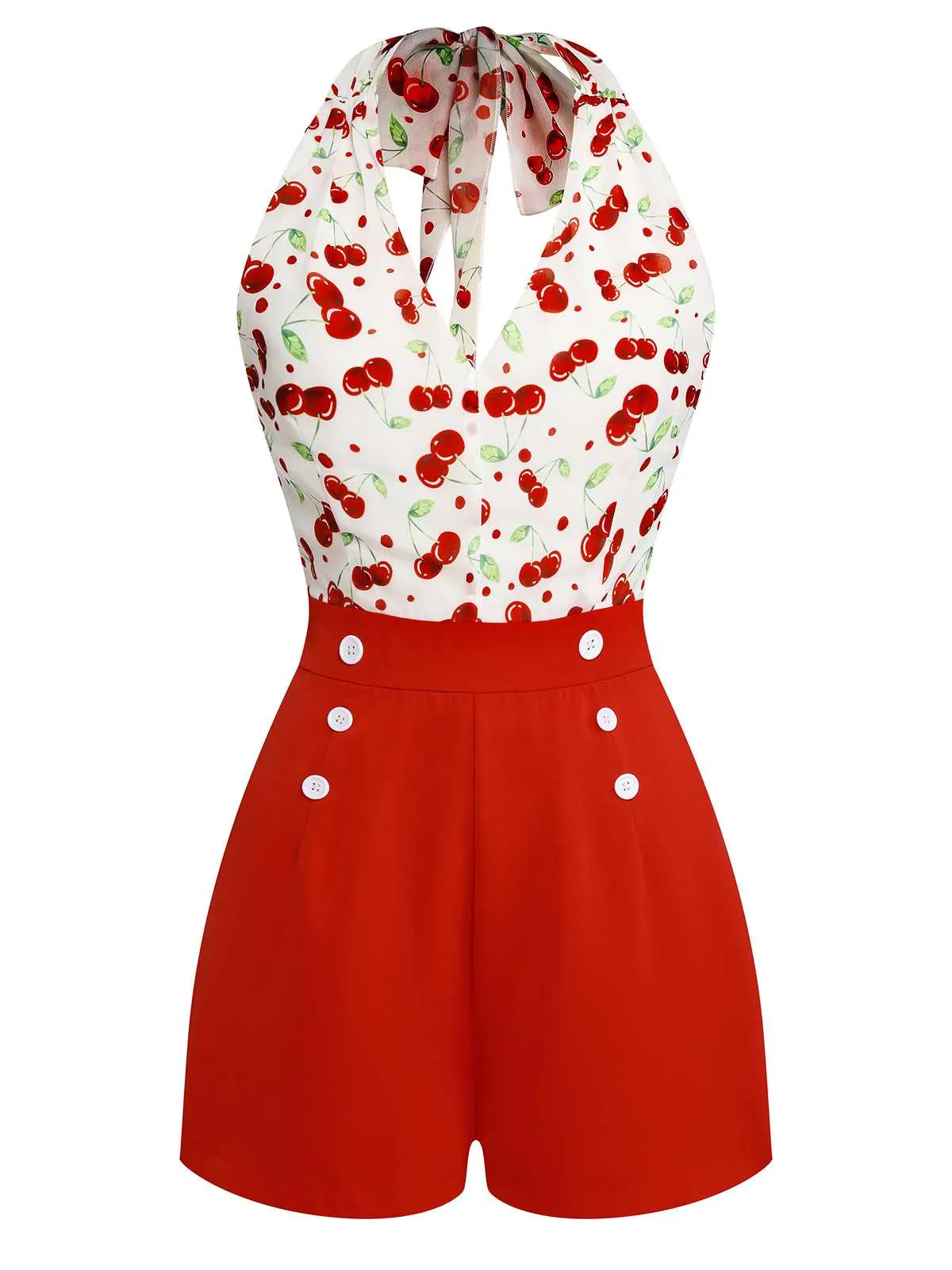 Red 1950s Cherry V-Neck Halter Lace-Up Romper sold by Retro Stage product image thumbnail 2