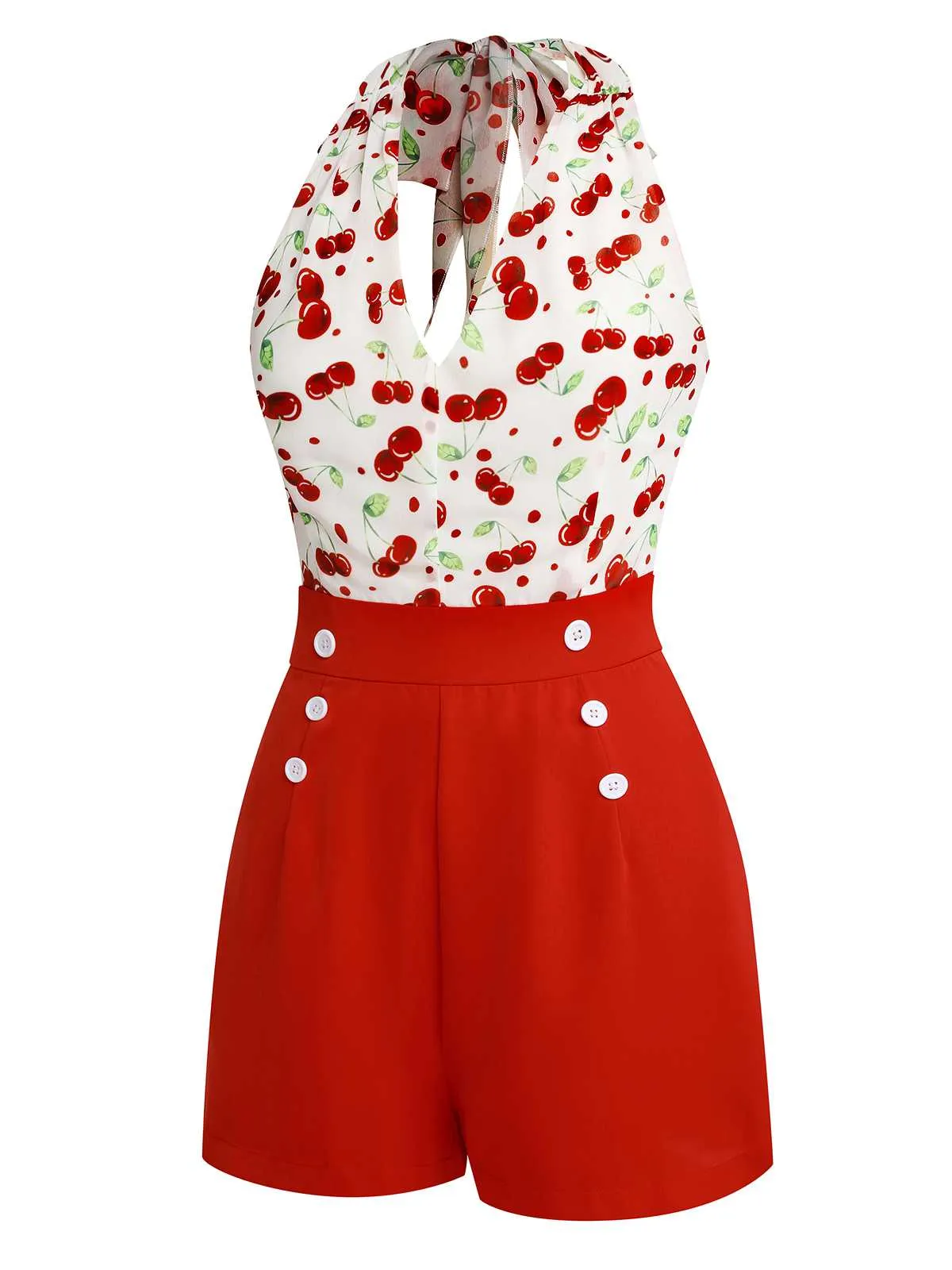 Red 1950s Cherry V-Neck Halter Lace-Up Romper sold by Retro Stage product image thumbnail 3