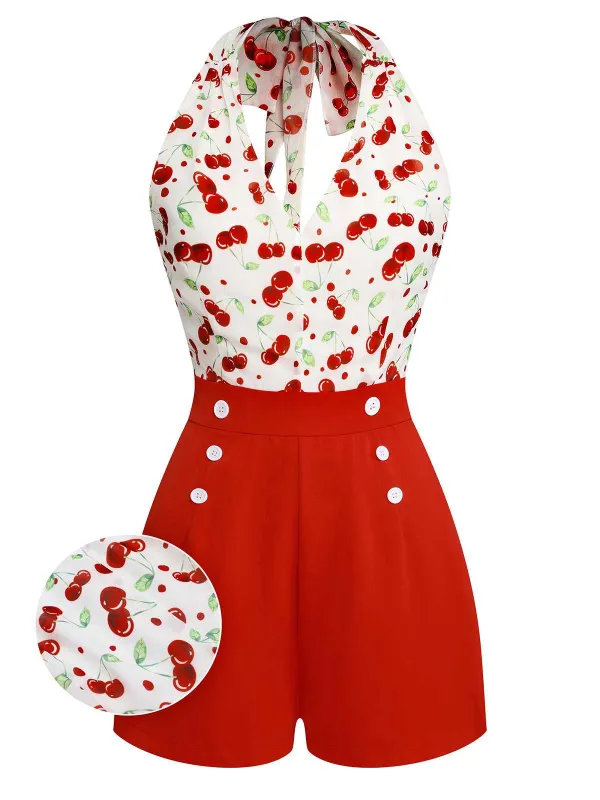 Red 1950s Cherry V-Neck Halter Lace-Up Romper sold by Retro Stage