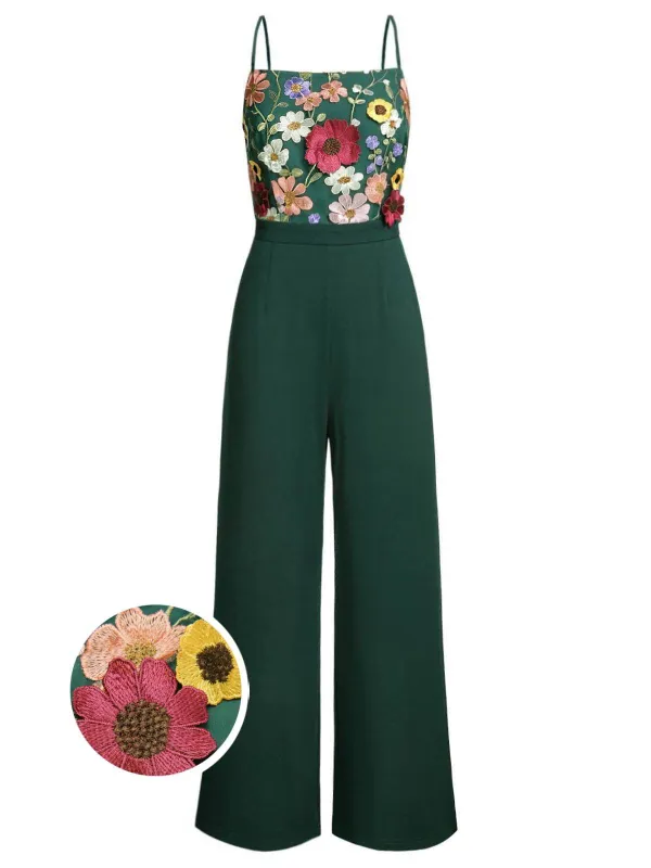 Green 1930s 3D Floral Strap Patchwork Jumpsuit sold by Retro Stage