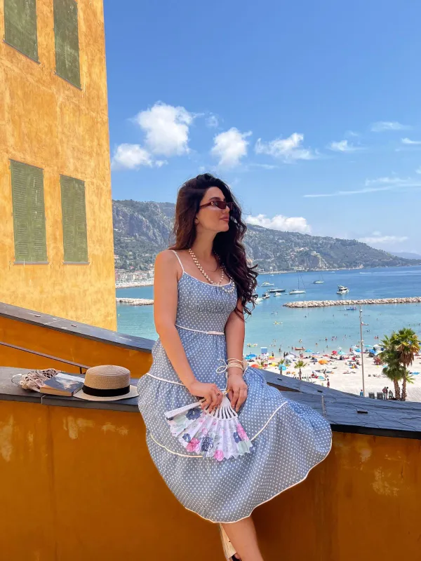 Sky Blue 1950s Strap Polka Dot Swing Dress sold by Retro Stage