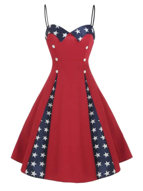 Red 1950s Stars Patchwork Strap Dress sold by Retro Stage
