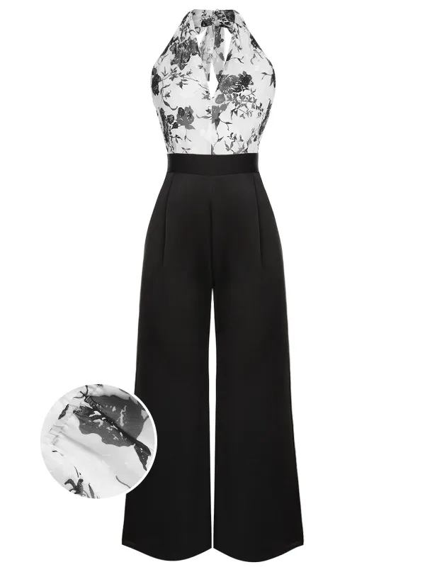 Black White 1930s Floral Halter Strap Jumpsuit sold by Retro Stage
