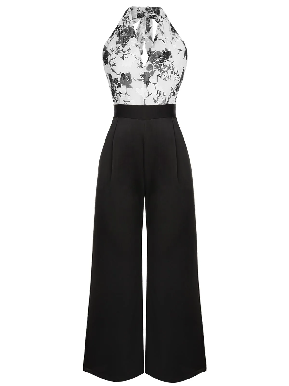Black White 1930s Floral Halter Strap Jumpsuit sold by Retro Stage product image thumbnail 2