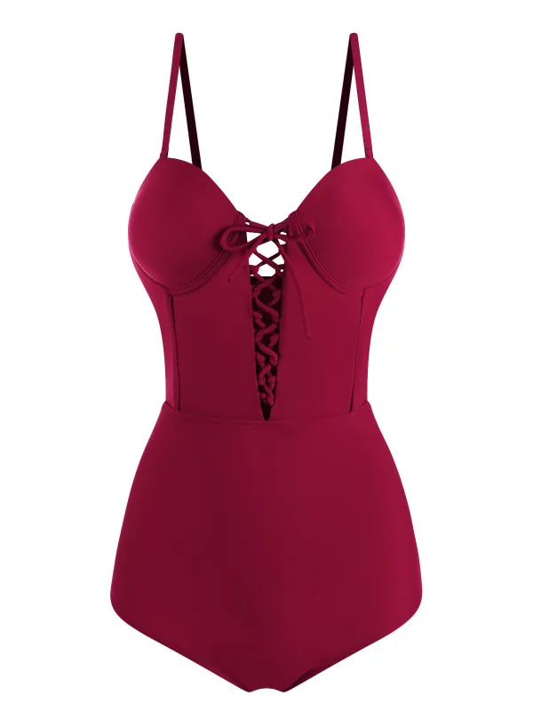 Wine Red 1960s Solid Spaghetti Strap One-piece Swimsuit sold by Retro Stage