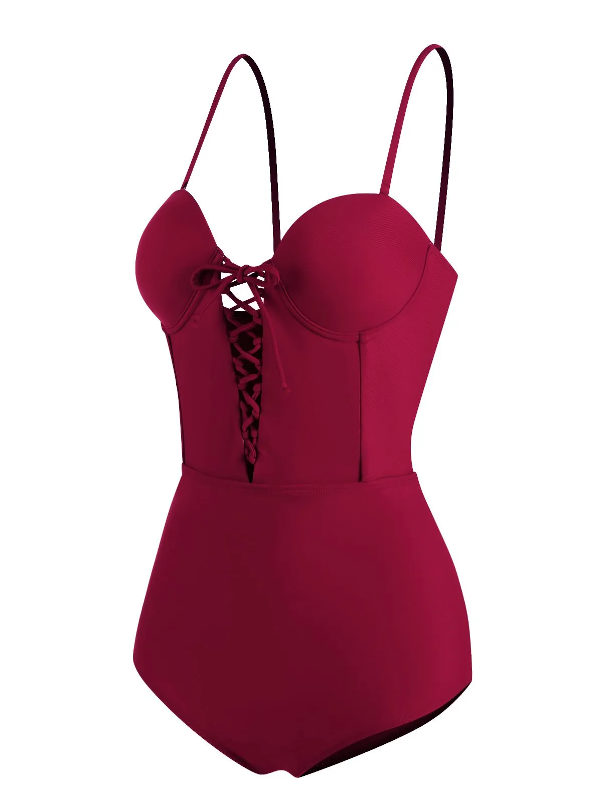 Wine Red 1960s Solid Spaghetti Strap One-piece Swimsuit sold by Retro Stage product image thumbnail 2