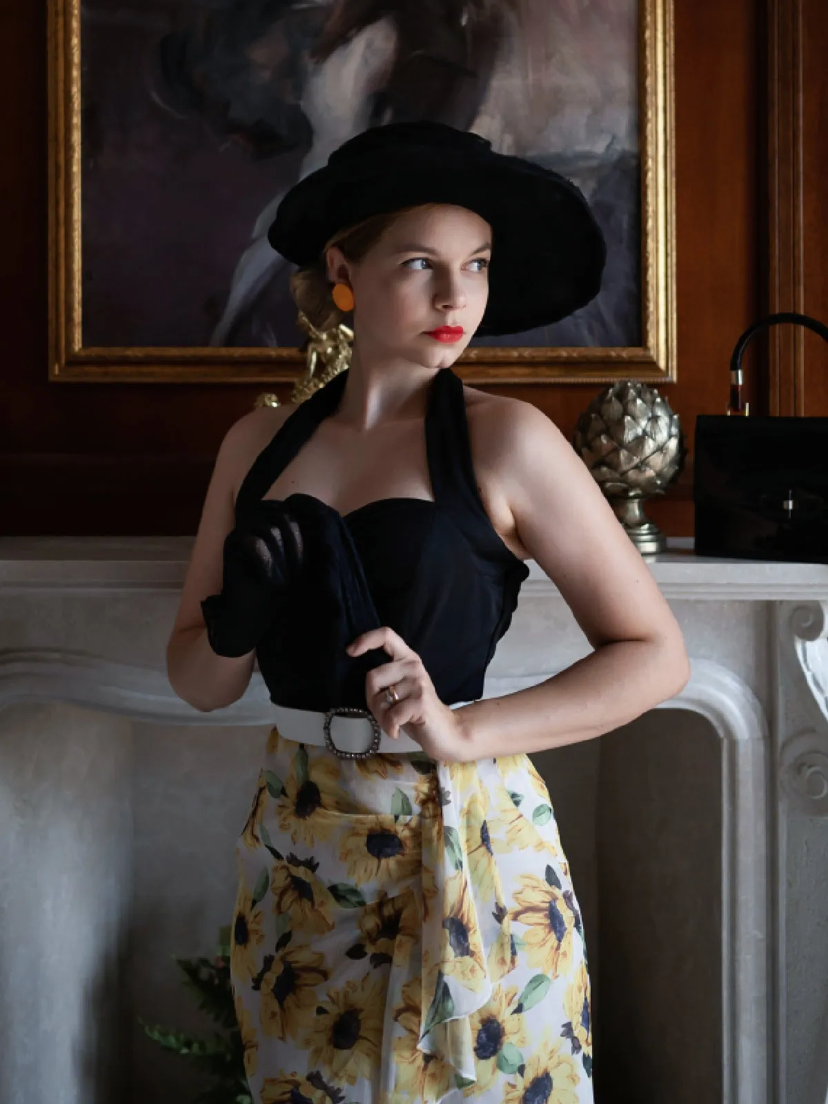 Black 1960s Halter Sunflower Pencil Dress sold by Retro Stage product image thumbnail 3