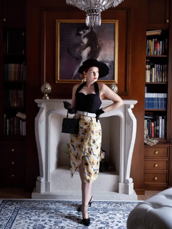 Black 1960s Halter Sunflower Pencil Dress sold by Retro Stage