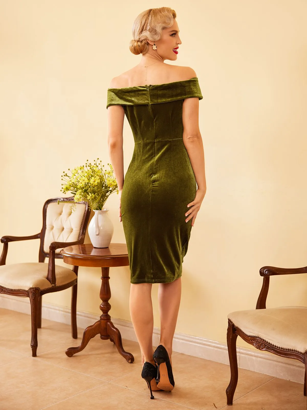 1960s Off Shoulder Velvet Bodycon Dress sold by Retro Stage product image thumbnail 5