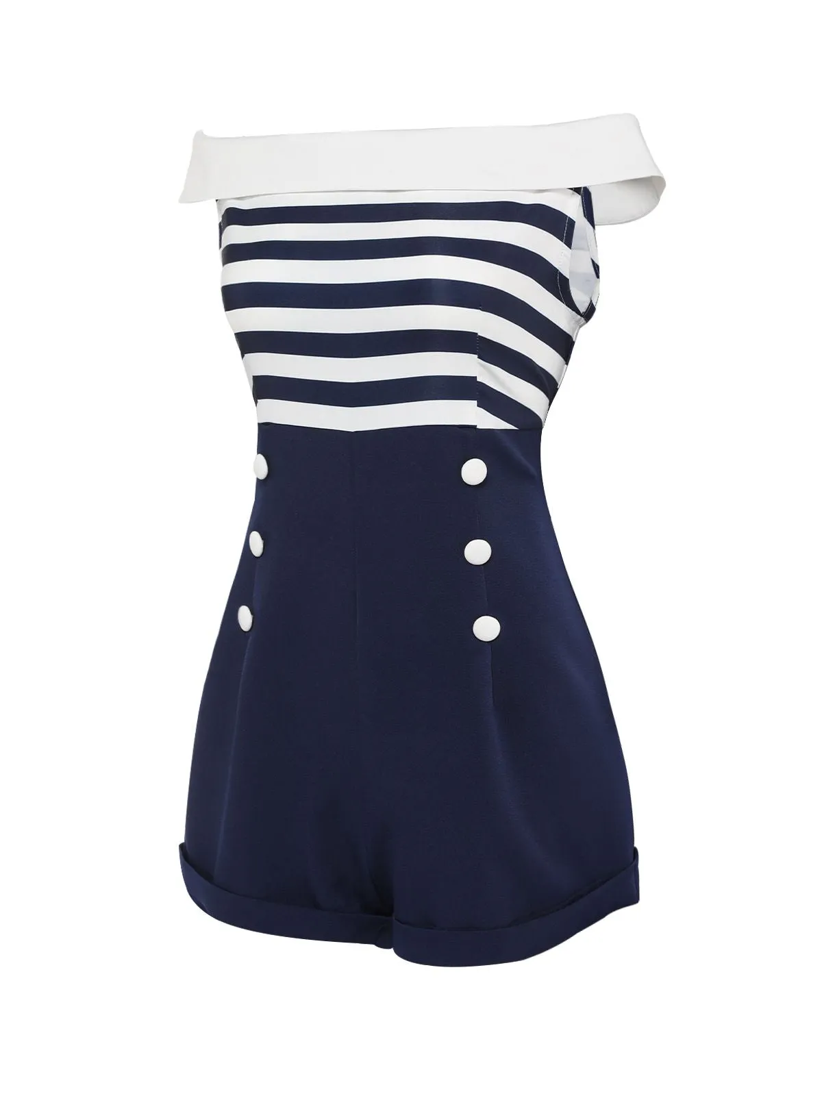 Navy Blue 1950s Patchwork Off-shoulder Striped Romper sold by Retro Stage product image thumbnail 3