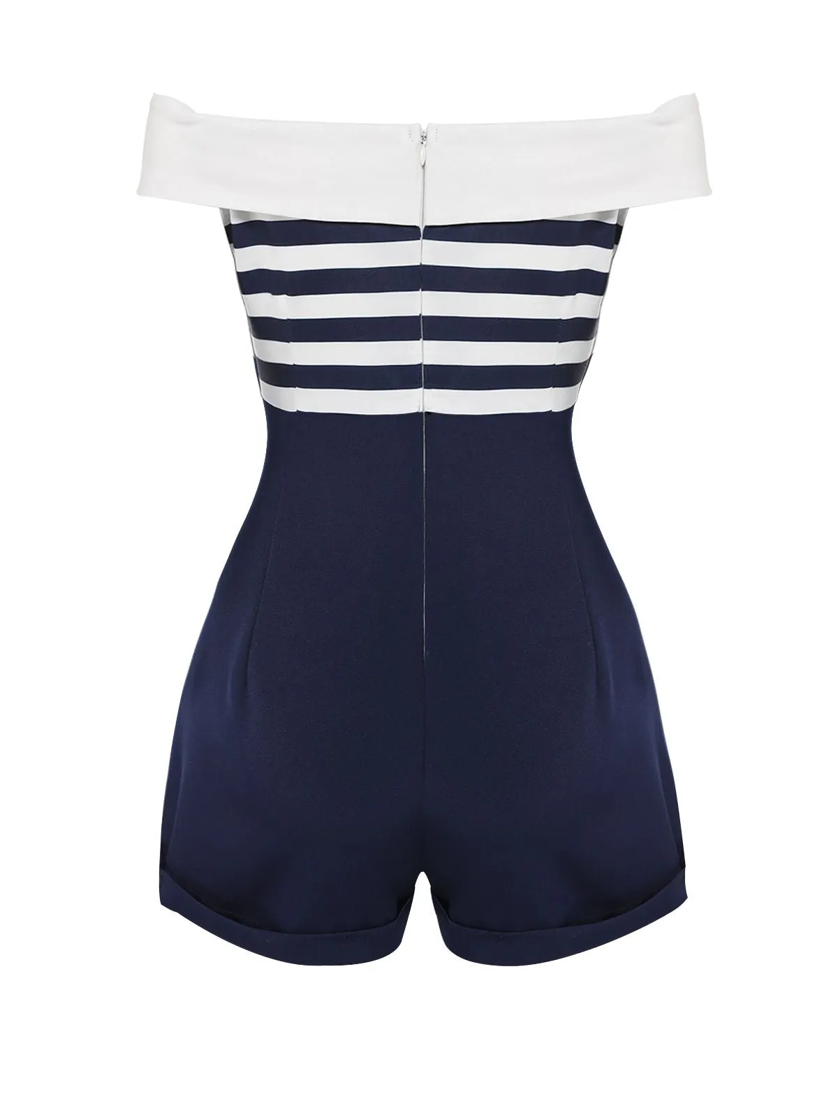 Navy Blue 1950s Patchwork Off-shoulder Striped Romper sold by Retro Stage product image thumbnail 4