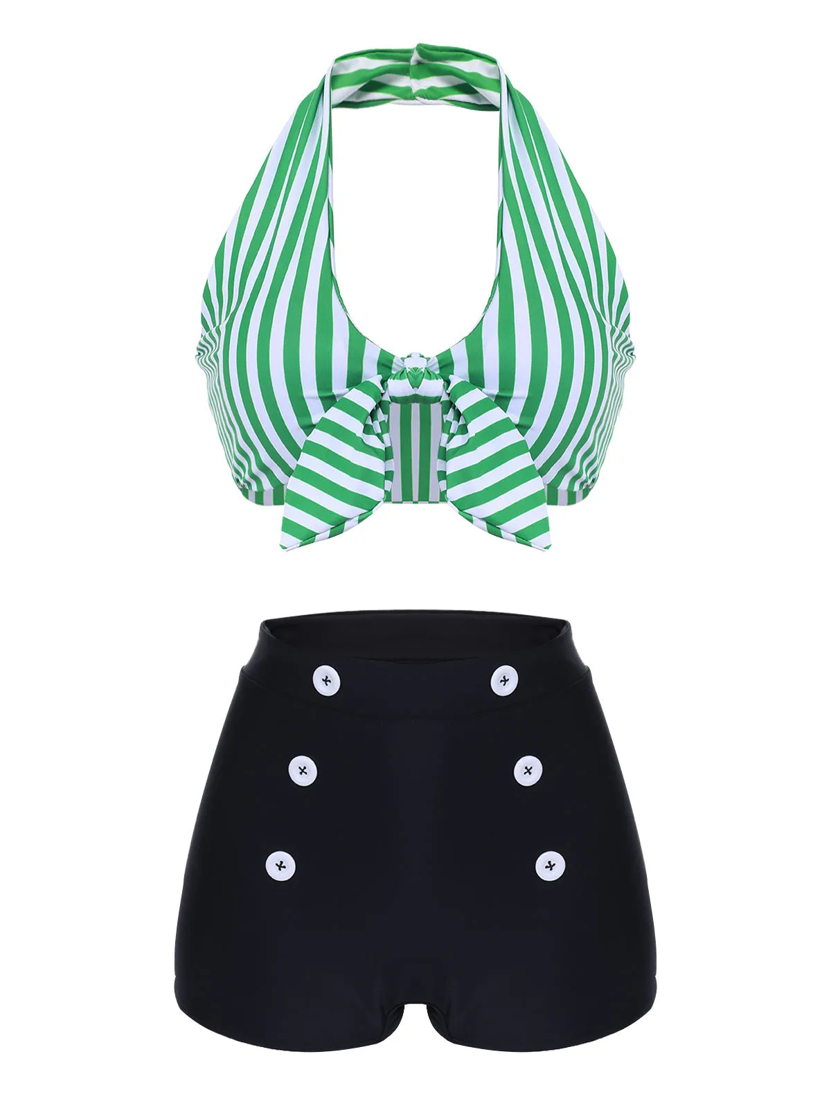 Green 1950s Retro Halter Stripes Bikini Set sold by Retro Stage product image thumbnail 2