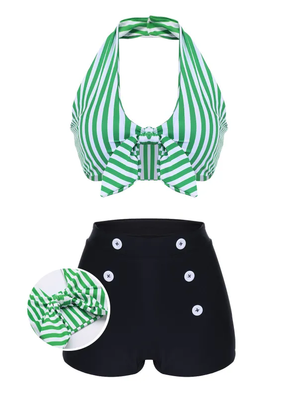 Green 1950s Retro Halter Stripes Bikini Set sold by Retro Stage