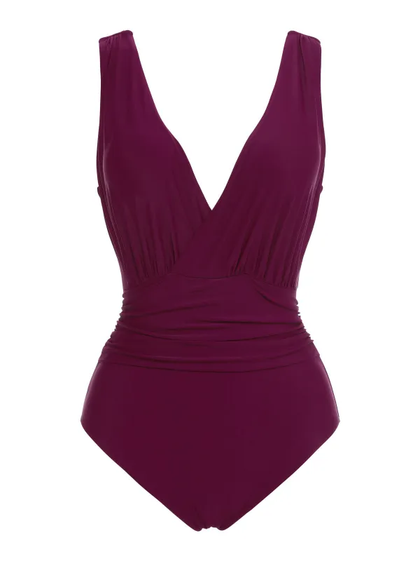 Raspberry Purple 1960s V-Neck One-piece Swimsuit sold by Retro Stage
