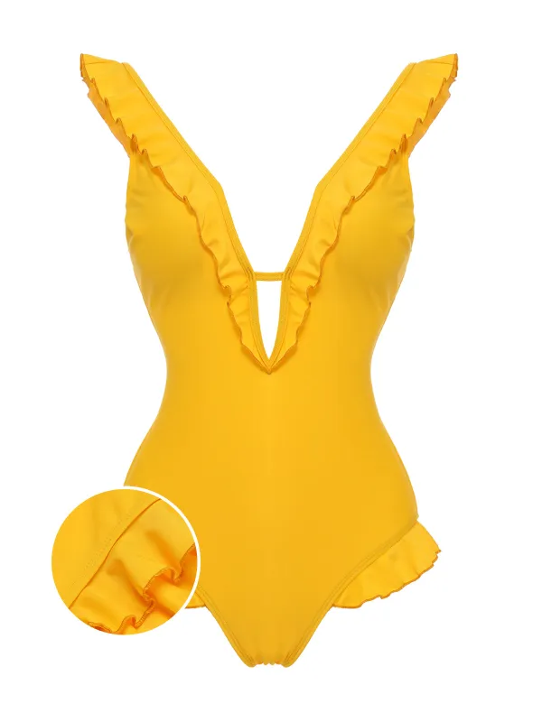Yellow 1930s V-Neck One-piece Swimsuit sold by Retro Stage