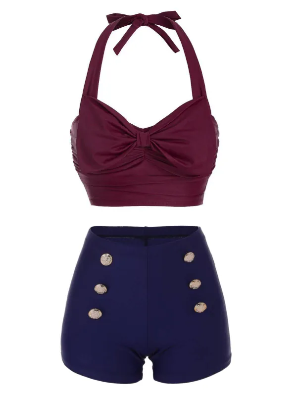 Wine Red 1950s Bow Halter Bikini Set made by Retro Stage