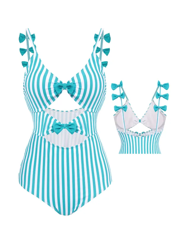 Blue 1960s Stripe Strap Bow One-Piece Swimsuit sold by Retro Stage
