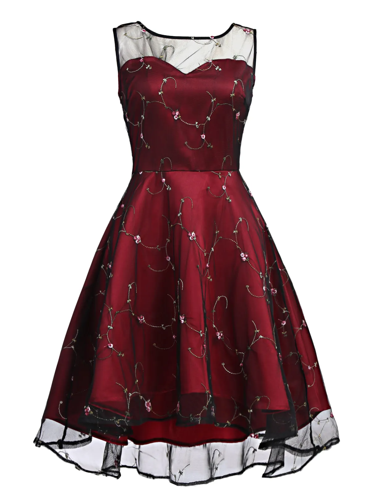 Wine Red 1950s Mesh Hi-Lo Back Lace Up Dress sold by Retro Stage