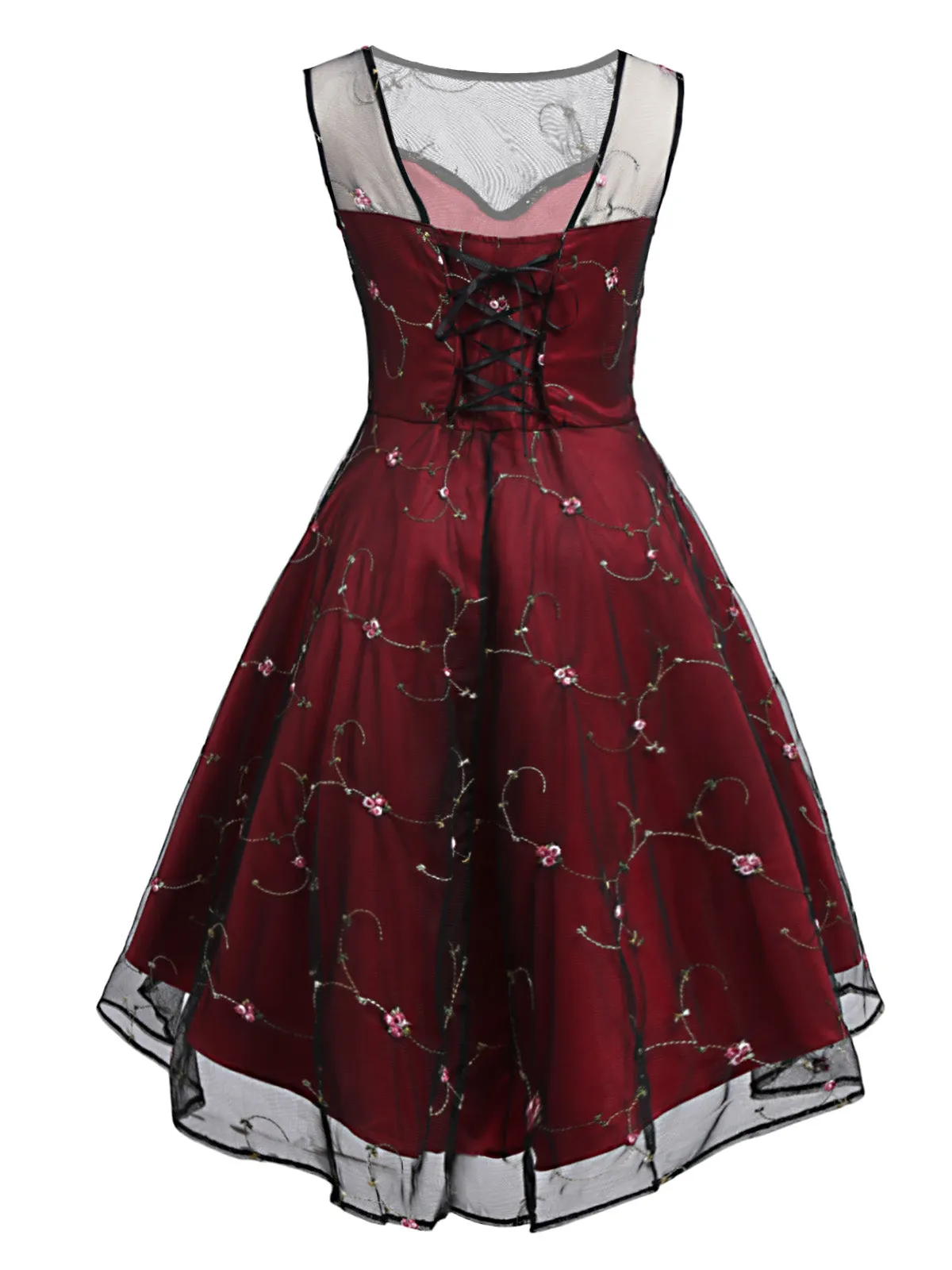 Wine Red 1950s Mesh Hi-Lo Back Lace Up Dress sold by Retro Stage product image thumbnail 2